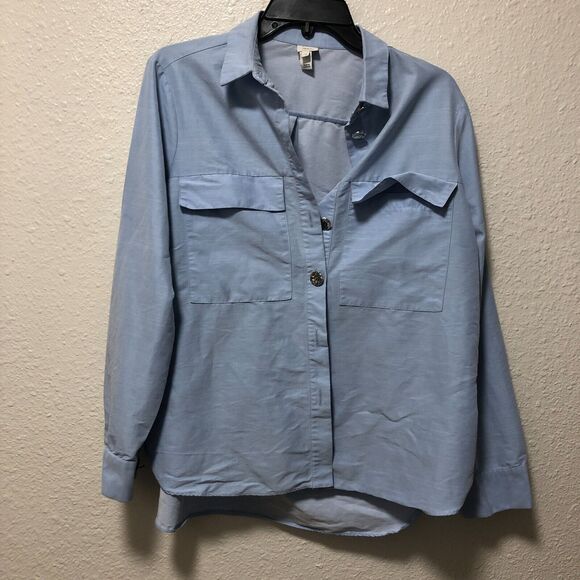 river island womens 14 top blue button up silver buttons large l pockets work tt - Picture 1 of 14